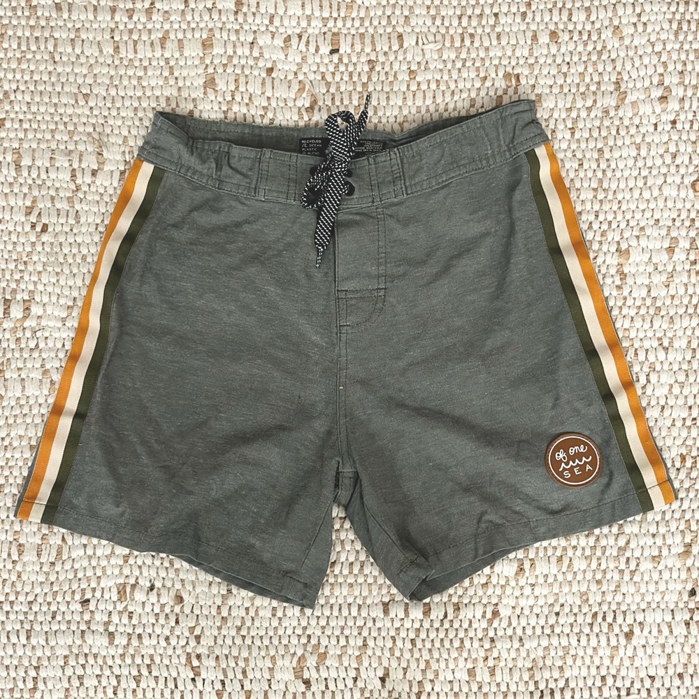 🌊 Of One Sea 🌊 Boys Townshort Swim Trunks Olive Orange Stripe Sz 26 (L)